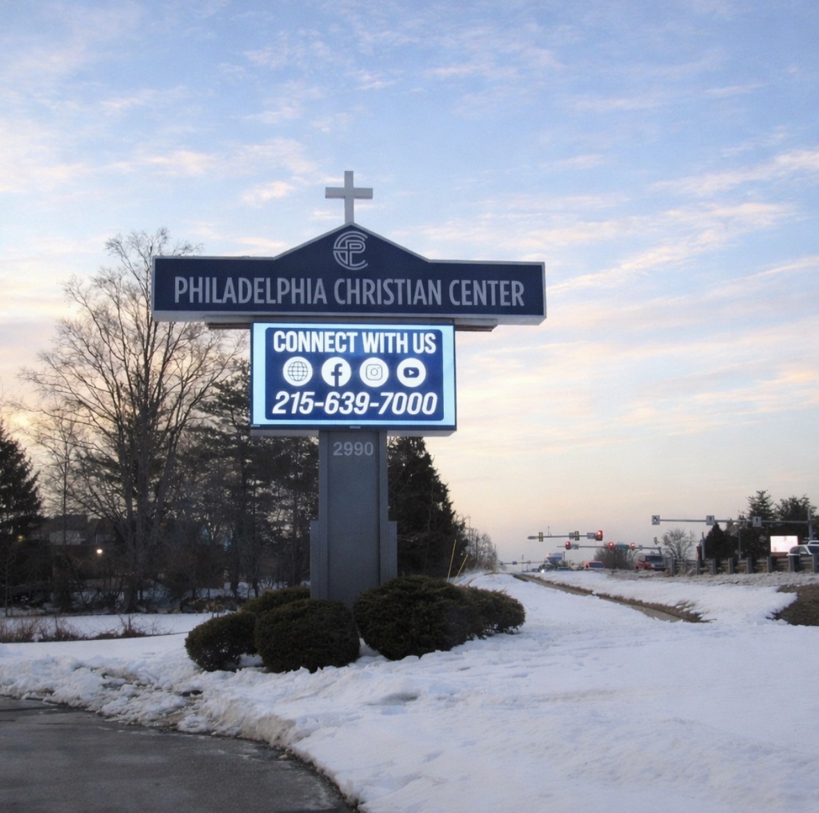 Philadelphia Christian Center custom illuminated pylon signage with digital display